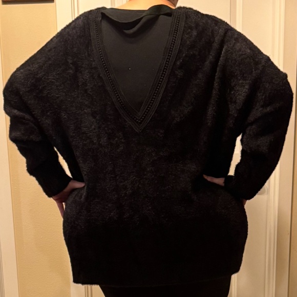 Cozy Black Fuzzy Deep-V Back Sweater, Soft Eyelash Knit - Picture 6 of 6